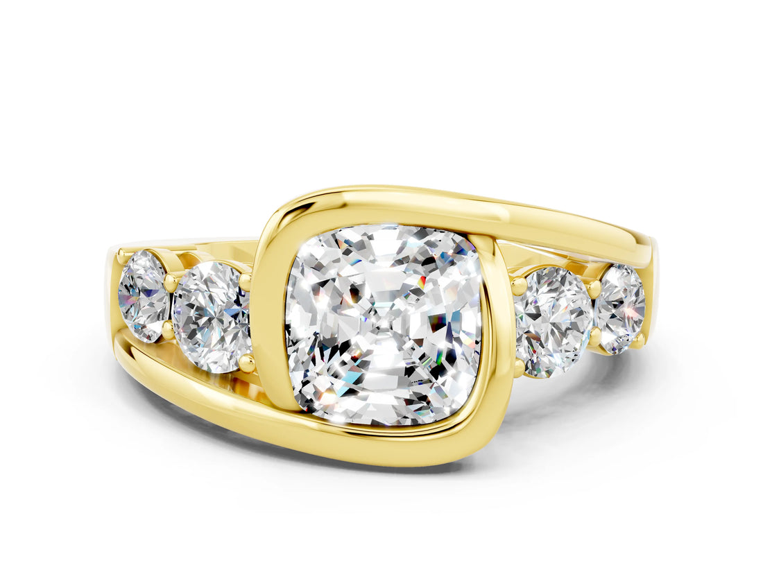 Yellow gold Bezel Set Cushion Cut Diamond Split Shank Ring