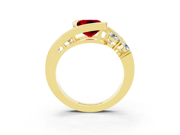 Yellow gold Bezel Set Cushion Cut Ruby Bypass Ring with Round  Accents
