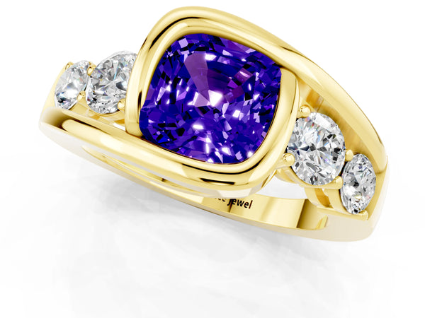 Yellow gold Bezel Set Cushion Cut Tanzanite Bypass Ring with Round  Accents