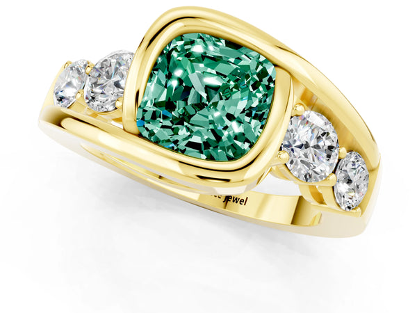 Yellow gold Bezel Set Cushion Cut Green Sapphire Bypass Ring with Round  Accents