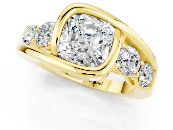 Yellow gold Bezel Set Cushion Cut Moissanite Bypass Ring with Round  Accents