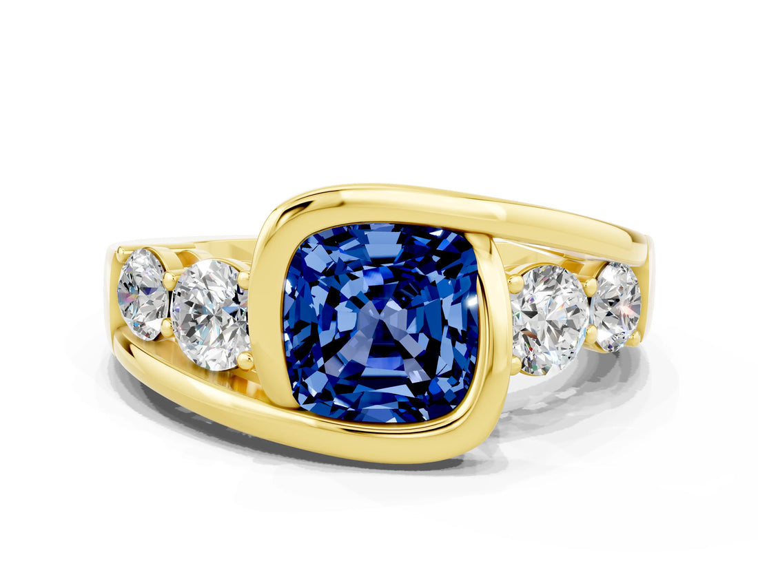 Yellow gold Bezel Set Cushion Cut Diamond Split Shank Ring