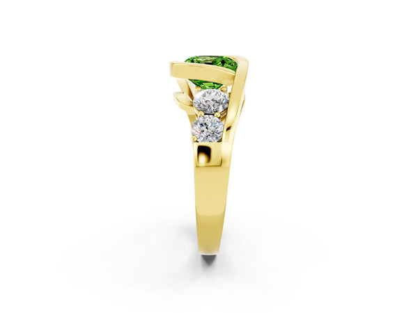 Yellow gold Bezel Set Cushion Cut Peridot Bypass Ring with Round  Accents