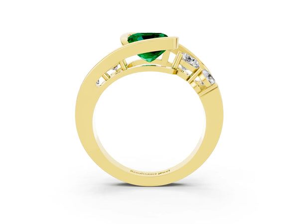Yellow gold Bezel Set Cushion Cut Emerald Bypass Ring with Round  Accents