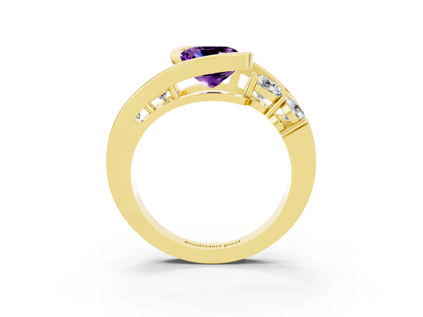 Yellow gold Bezel Set Cushion Cut Amethyst Bypass Ring with Round  Accents