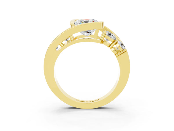 Yellow gold Bezel Set Cushion Cut Moissanite Bypass Ring with Round  Accents