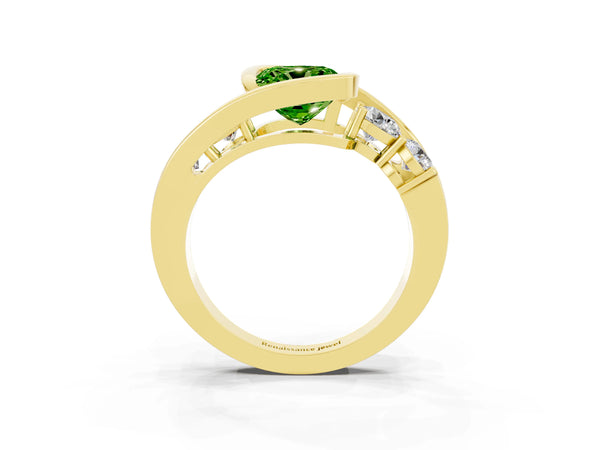 Yellow gold Bezel Set Cushion Cut Peridot Bypass Ring with Round  Accents