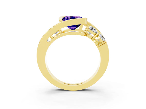 Yellow gold Bezel Set Cushion Cut Tanzanite Bypass Ring with Round  Accents