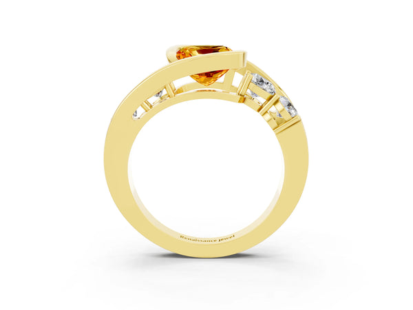 Yellow gold Bezel Set Cushion Cut Citrine Bypass Ring with Round  Accents