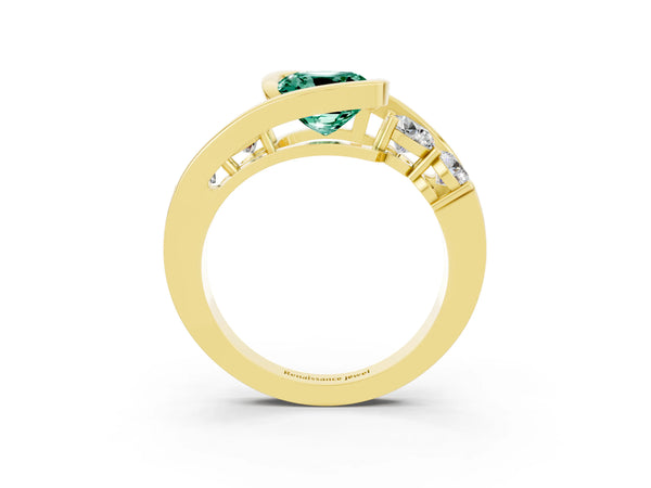 Yellow gold Bezel Set Cushion Cut Green Sapphire Bypass Ring with Round  Accents