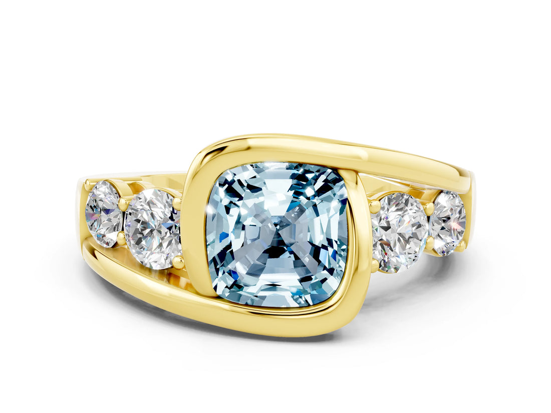 Yellow gold Bezel Set Cushion Cut Diamond Split Shank Ring