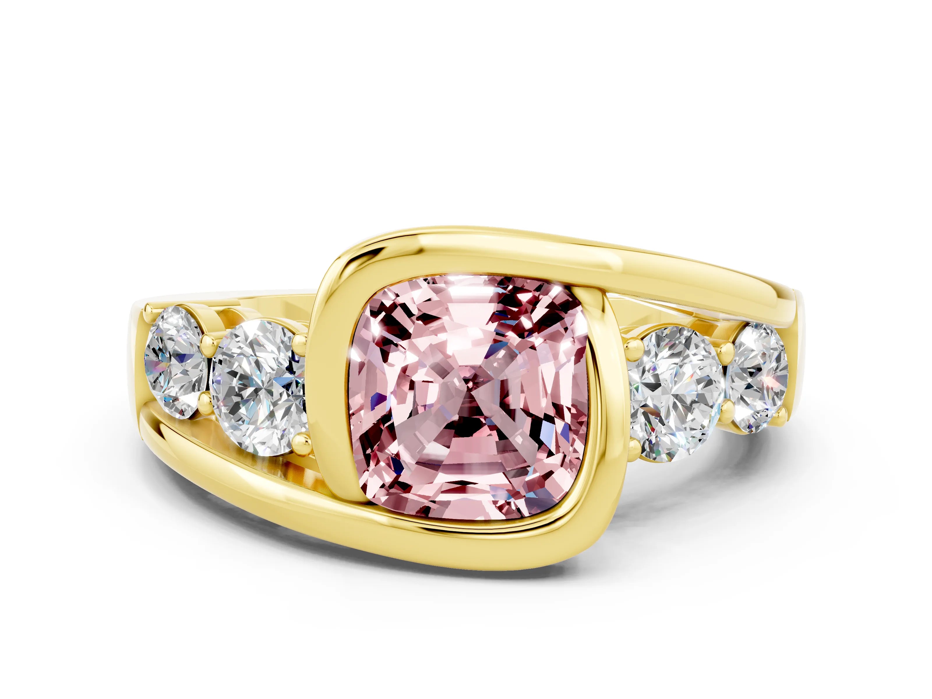 Yellow gold Bezel Set Cushion Cut Diamond Split Shank Ring