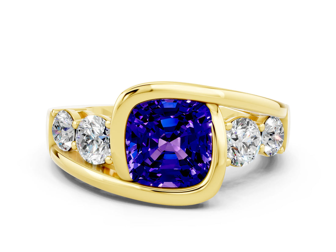 Yellow gold Bezel Set Cushion Cut Diamond Split Shank Ring
