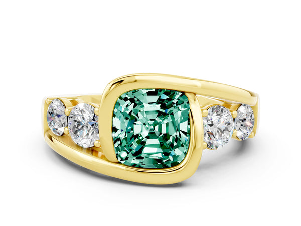 Yellow gold Bezel Set Cushion Cut Green Sapphire Bypass Ring with Round  Accents