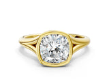 Yellow gold Bezel Set Cushion Cut Solitaire Ring with Tapered Band