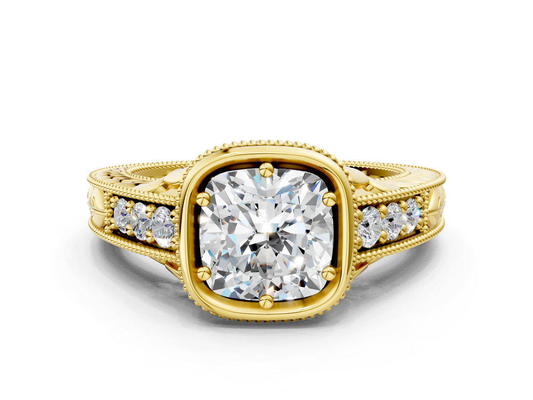 Yellow gold Bezel Set Cushion Diamond Milgrain Pave Engagement Ring_37