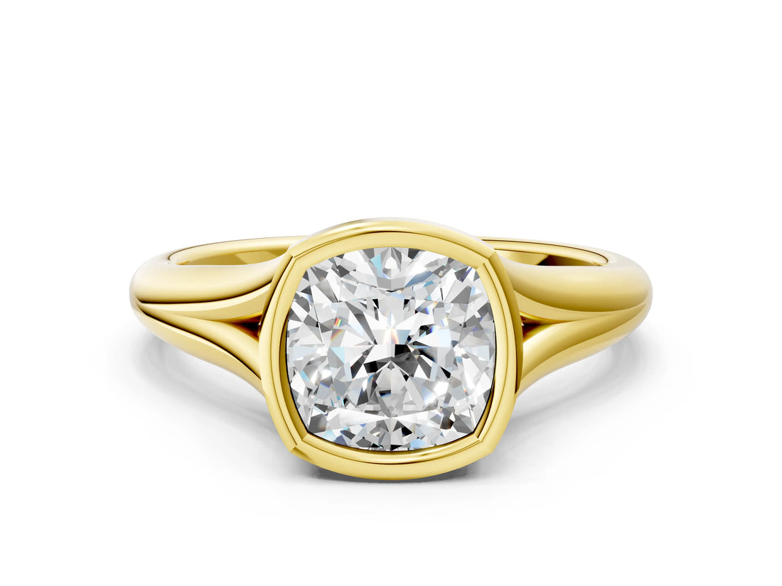 Yellow gold Bezel Set Cushion Solitaire Diamond Ring with Smooth Band