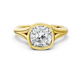 Yellow gold Bezel Set Cushion Solitaire Diamond Ring with Smooth Band