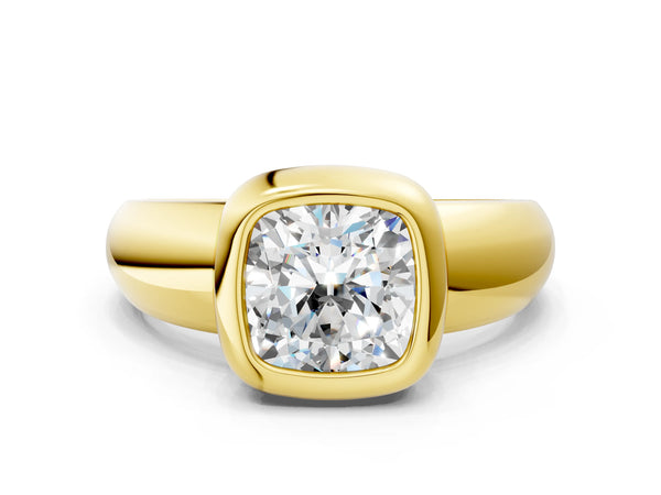 Yellow gold Bezel Set Cushion Solitaire Ring with Wide Band