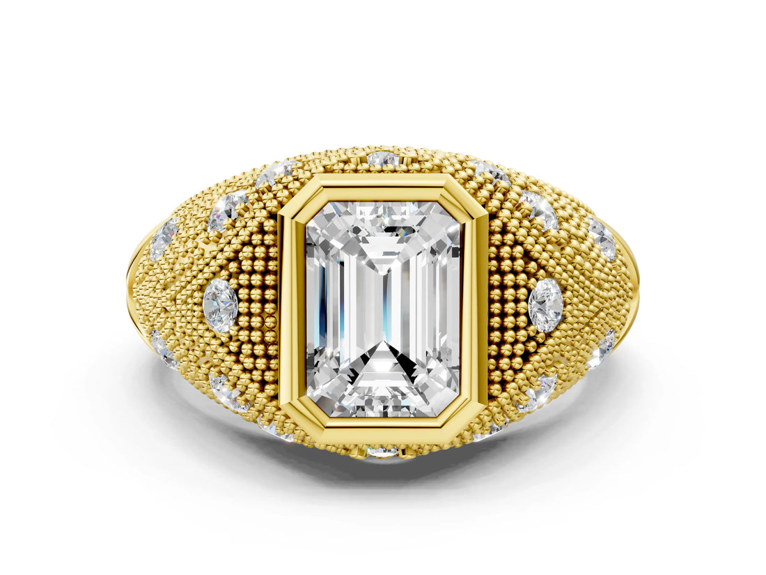 Yellow gold Bezel Set Emerald Cut Diamond Milgrain Band Ring_13