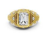 Yellow gold Bezel Set Emerald Cut Diamond Milgrain Band Ring_13
