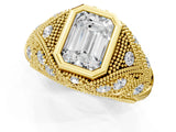 Yellow gold Bezel Set Emerald Cut Diamond Milgrain Band Ring_14