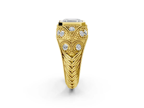 Yellow Gold Emerald Cut Vintage Bezel Engagement Ring Setting with Beaded Milgrain Shoulders