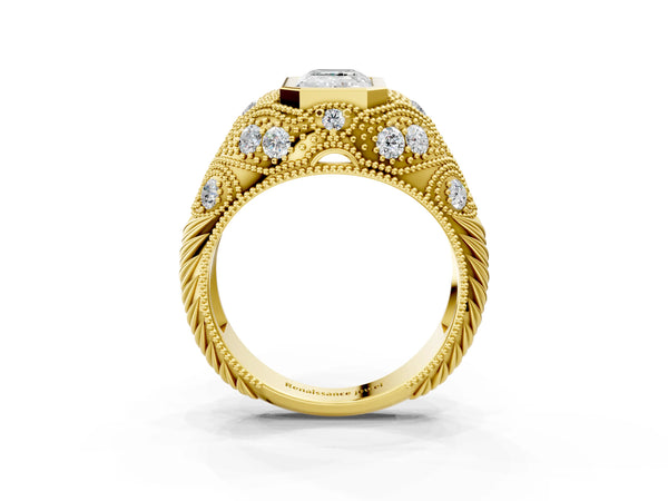Yellow Gold Emerald Cut Vintage Bezel Engagement Ring Setting with Beaded Milgrain Shoulders