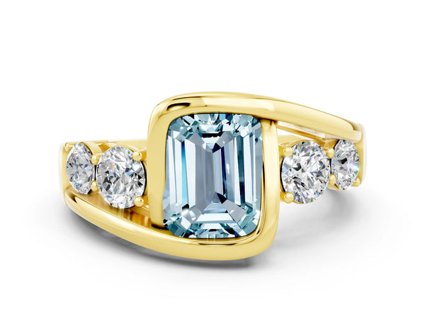 Yellow gold Bezel Set Emerald Cut Aquamarine Bypass Ring with Round  Accents