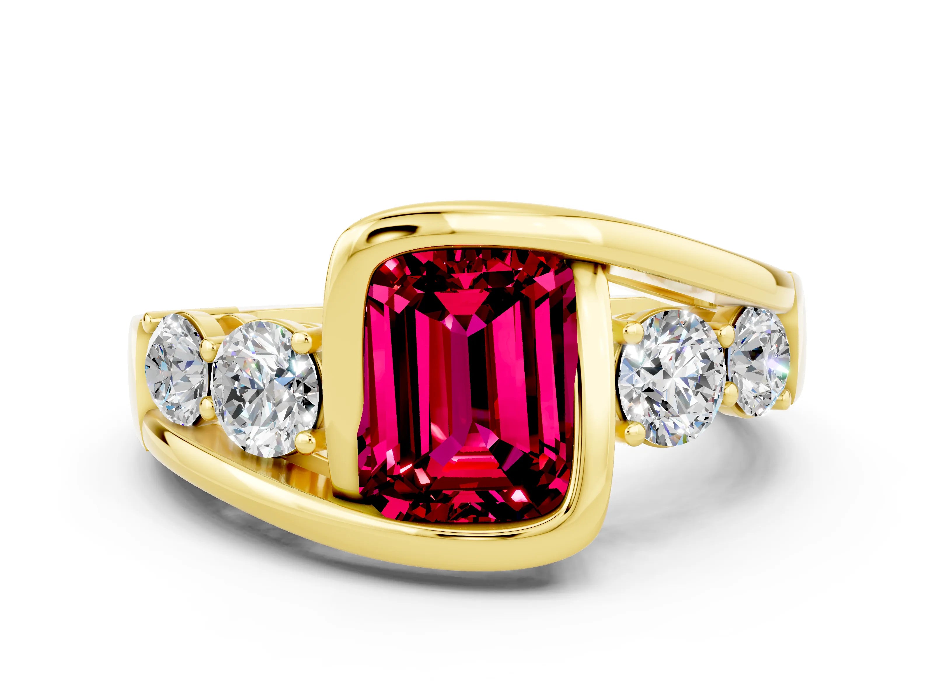 Yellow gold Bezel Set Emerald Cut Diamond Split Shank Ring