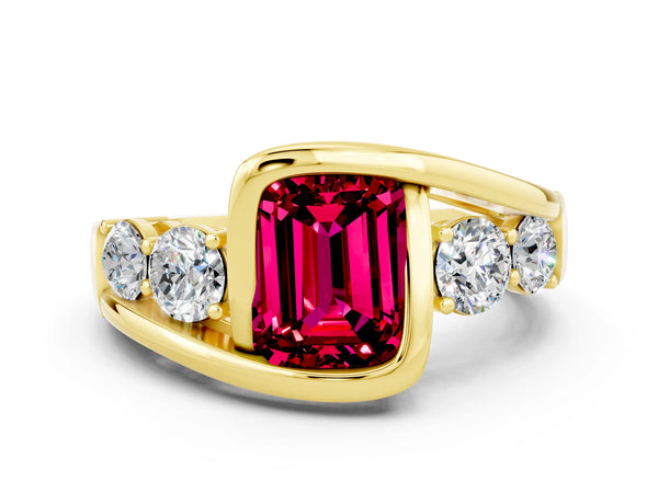 Yellow gold Bezel Set Emerald Cut Garnet Bypass Ring with Round  Accents