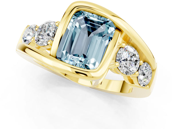 Yellow gold Bezel Set Emerald Cut Aquamarine Bypass Ring with Round  Accents