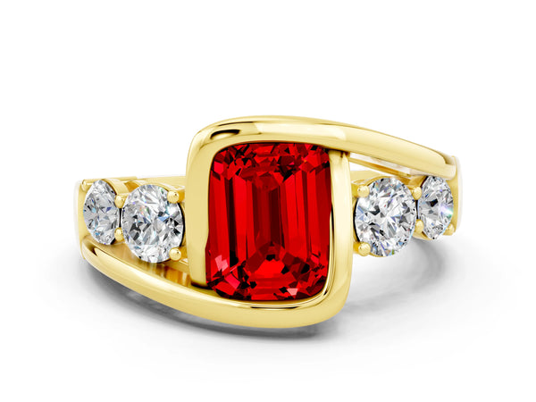 Yellow gold Bezel Set Emerald Cut Ruby Bypass Ring with Round  Accents