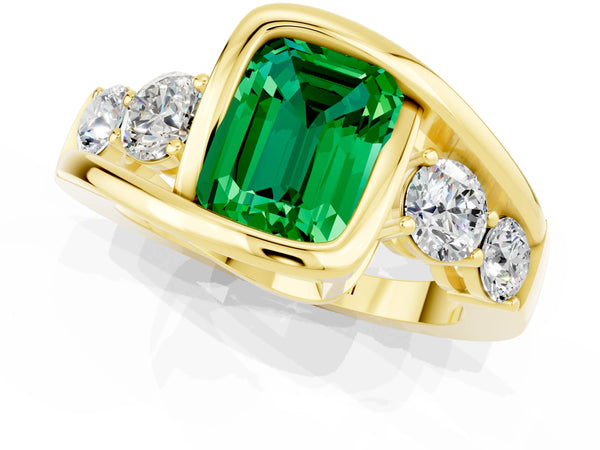 Yellow gold Bezel Set Emerald Cut Emerald Bypass Ring with Round  Accents