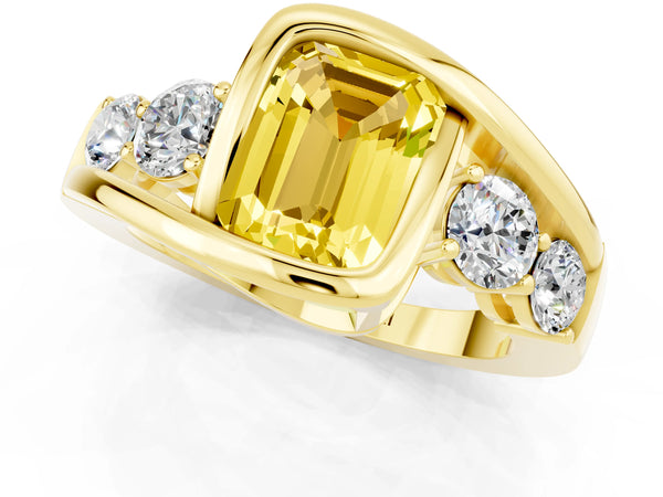 Yellow gold Bezel Set Emerald Cut Yellow Sapphire Bypass Ring with Round  Accents