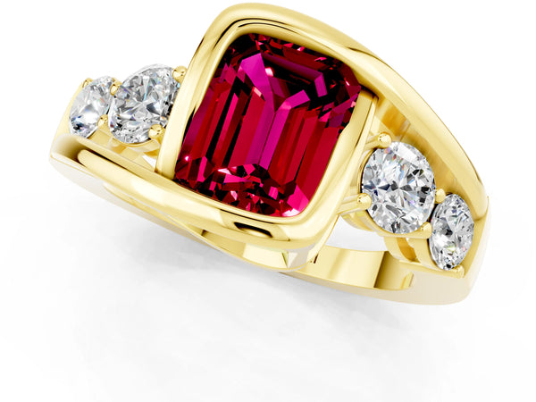 Yellow gold Bezel Set Emerald Cut Garnet Bypass Ring with Round  Accents