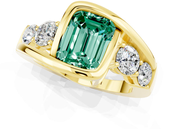 Yellow gold Bezel Set Emerald Cut Green Sapphire Bypass Ring with Round  Accents
