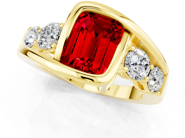 Yellow gold Bezel Set Emerald Cut Ruby Bypass Ring with Round  Accents