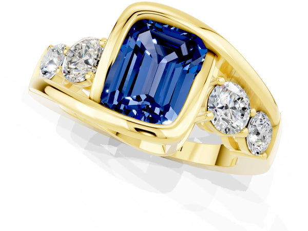 Yellow gold Bezel Set Emerald Cut Blue Sapphire Bypass Ring with Round  Accents