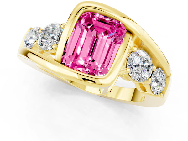 Yellow gold Bezel Set Emerald Cut Pink Sapphire Bypass Ring with Round  Accents