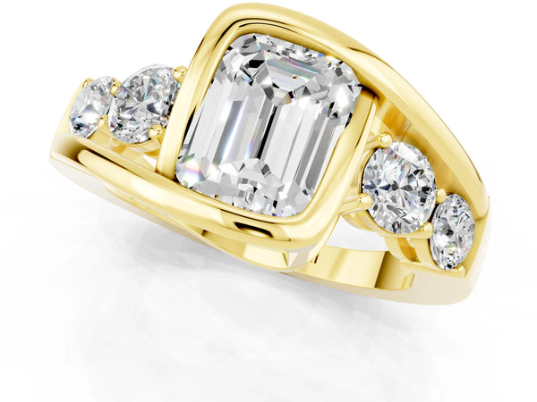 Yellow gold Bezel Set Emerald Cut Moissanite Bypass Ring with Round  Accents