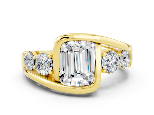 Yellow gold Bezel Set Emerald Cut Moissanite Bypass Ring with Round  Accents