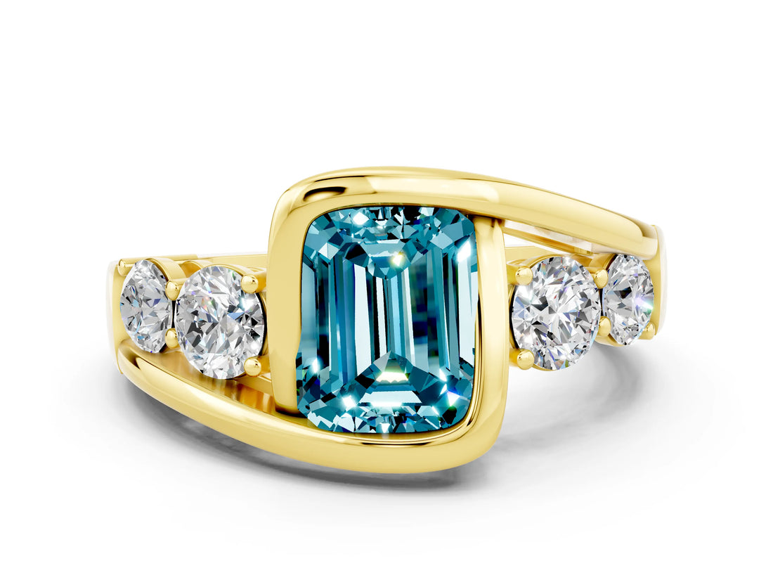 Yellow gold Bezel Set Emerald Cut Diamond Split Shank Ring