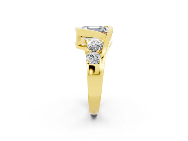 Yellow gold Bezel Set Emerald Cut Moissanite Bypass Ring with Round  Accents