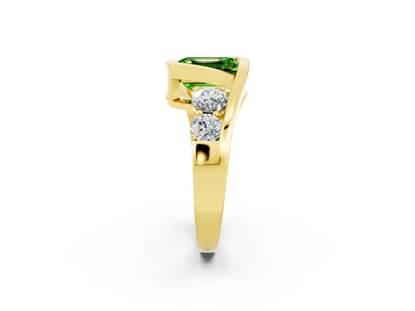 Yellow gold Bezel Set Emerald Cut Peridot Bypass Ring with Round  Accents