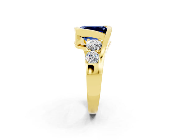 Yellow gold Bezel Set Emerald Cut Blue Sapphire Bypass Ring with Round  Accents
