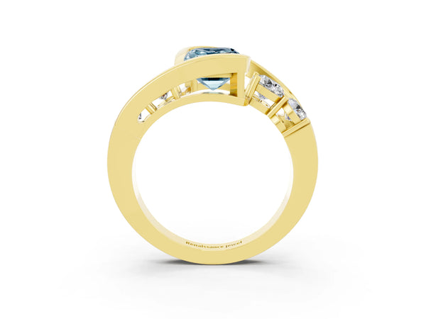 Yellow gold Bezel Set Emerald Cut Aquamarine Bypass Ring with Round  Accents