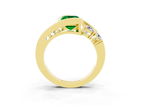 Yellow gold Bezel Set Emerald Cut Emerald Bypass Ring with Round  Accents