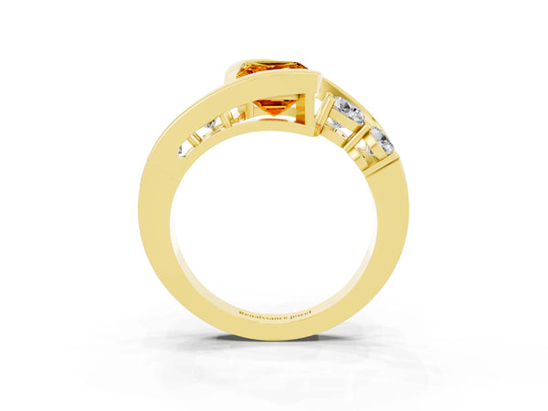 Yellow gold Bezel Set Emerald Cut Citrine Bypass Ring with Round  Accents