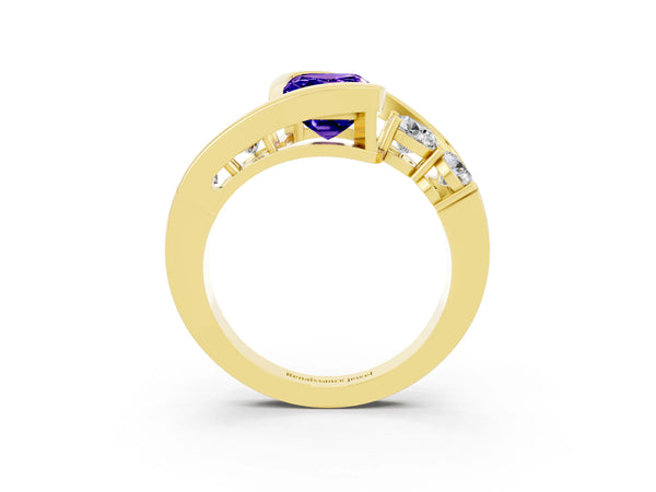 Yellow gold Bezel Set Emerald Cut Tanzanite Bypass Ring with Round  Accents